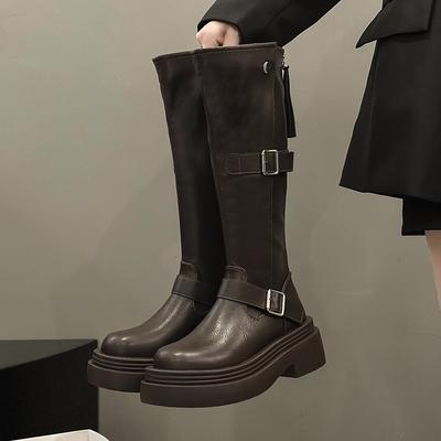 Gürtelschnalle Dicke Sohle Quadratischer Absatz Damen Kurzstiefel Herbst und Winter Retro Hohe Stiefel Muffin Skinny Spice Girl Motorradstiefel