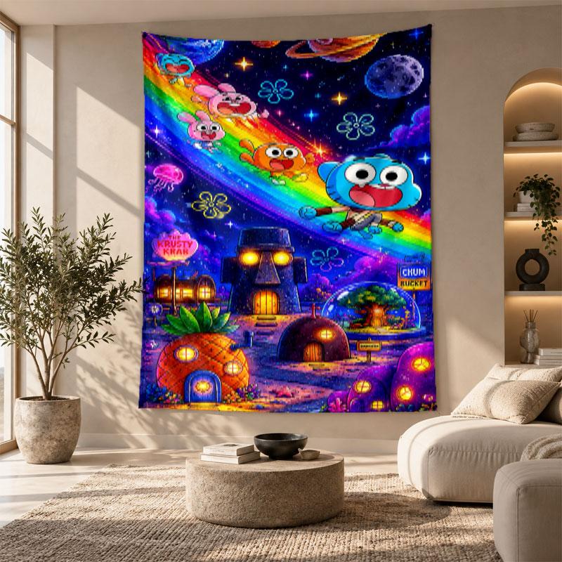 Arazzo Decorativo, Incredibile Mondo di Gumball Stampa Artistica da Parete, Appeso Leggero da Parete per Sfondo della Camera da Letto