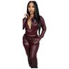 AL255 Women's Two-Piece Casual Sportswear Set - Hooded Faux Leather Jacket