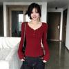 Sweet Spice Girl Red Rivet Chicken Heart Collar Long Sleeve T-Shirt Women's Spring New Design Slim Skinny Bottom Top