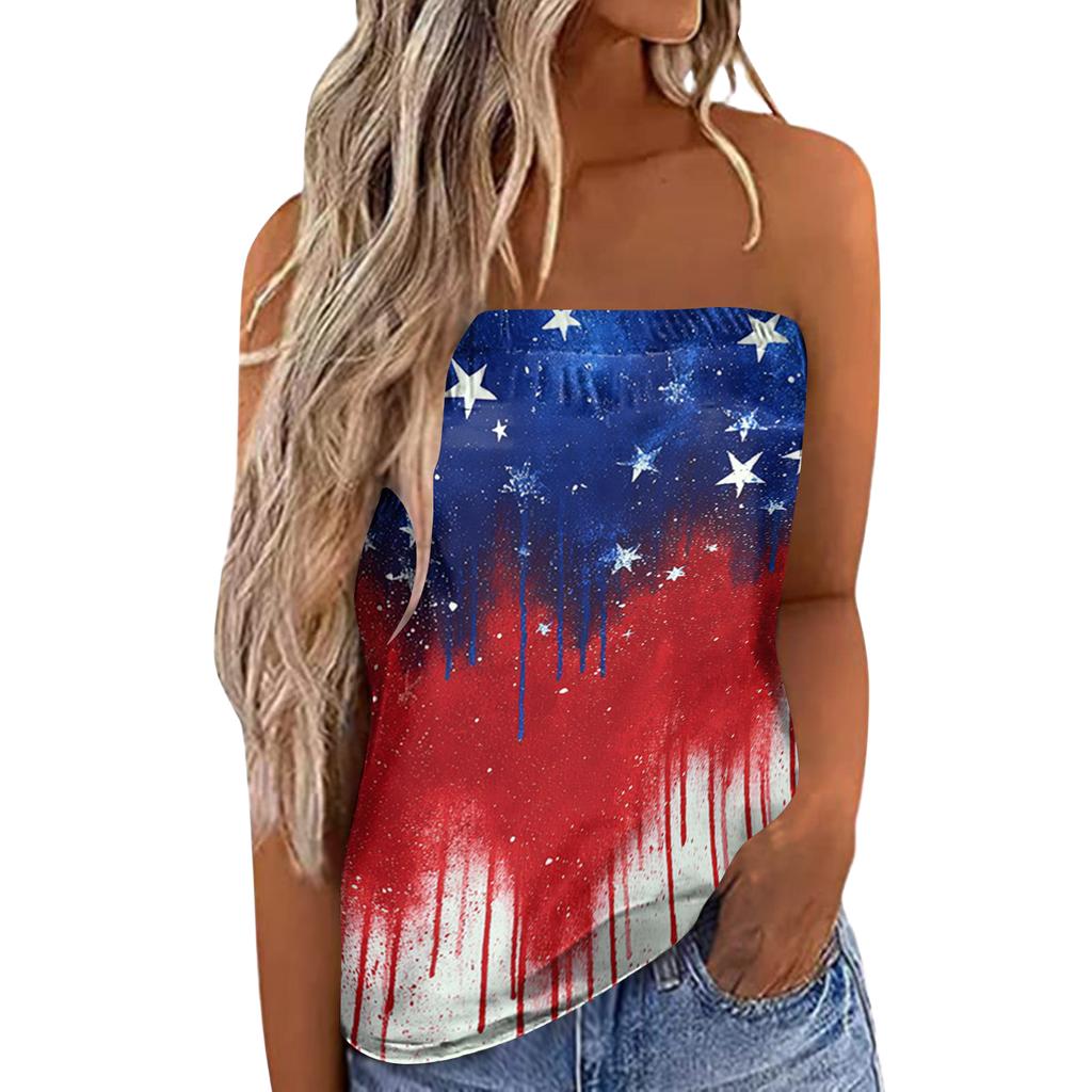 Women's Summer Sexy Strapless Off-Shoulder Elastic Band Design Independence Day Print Top