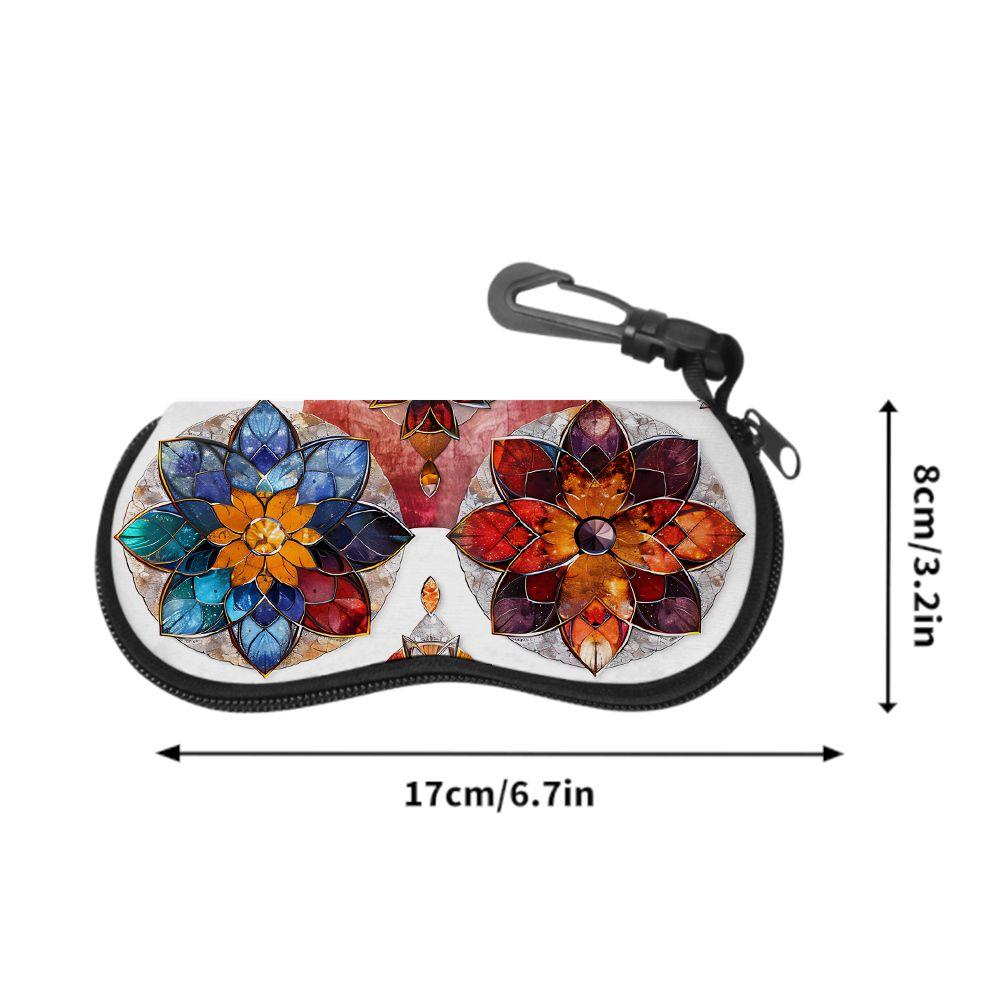 2D-Bohemian Stained Glass Flower Print Sunglasses Case, Protective Eyewear Pouch for Women, Floral Zipper Spectacle Box, Portable Travel Glasses Holde