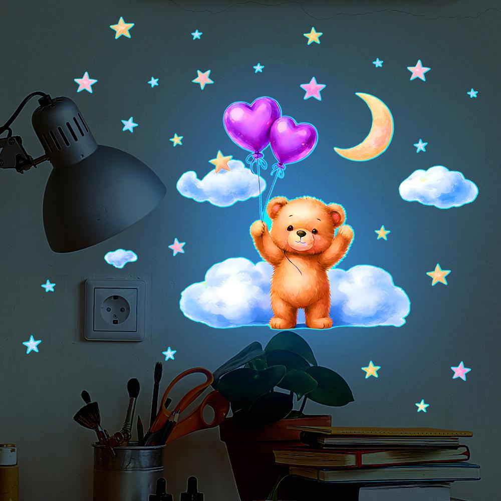 Adorable Little Bear Wall Sticker for Children's Bedroom Decoration Under The Cartoon Starry Sky
