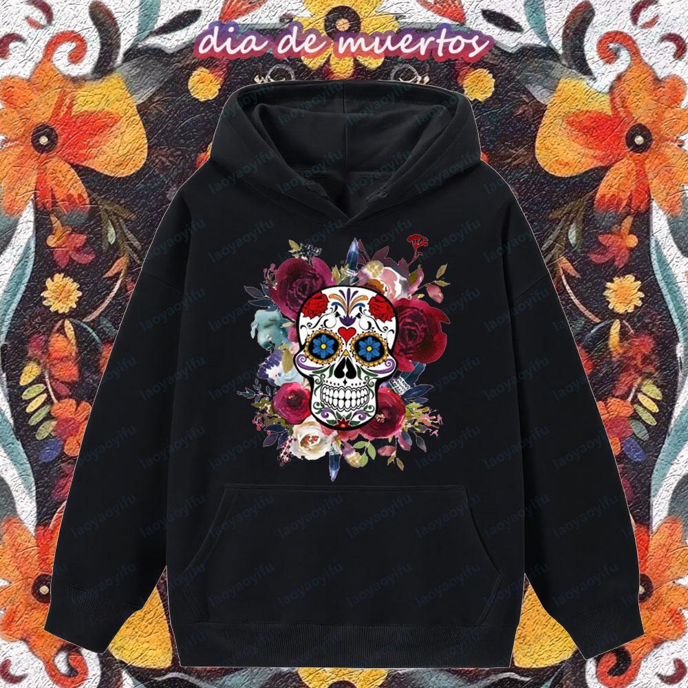 

Dia De Los Muertos Spanish Vintage Clothing Flower Skeleton Creative Design Hoodies Sugar Skull Men Women Festival Costumes 3XL