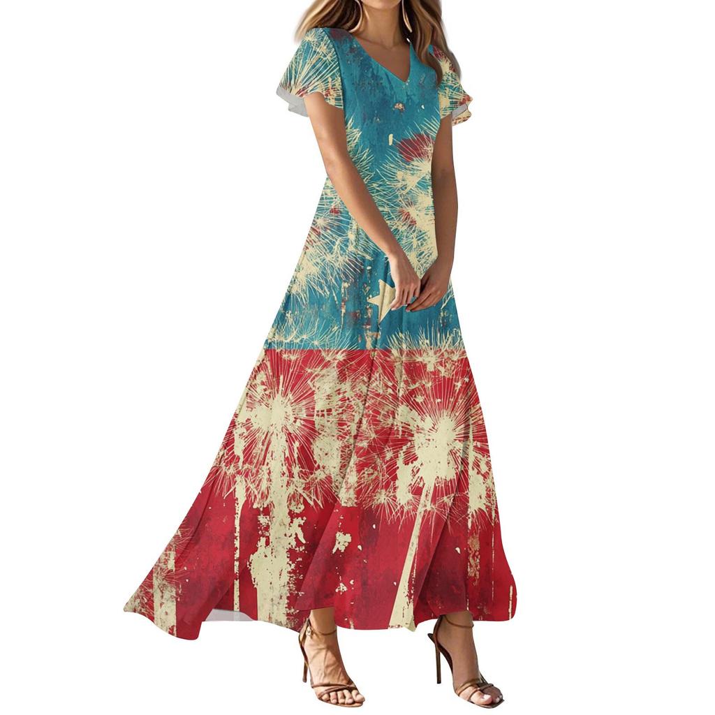 Women's Independence Day Printed Casual Fashion Dresses V-Neck Short Sleeve Dresses