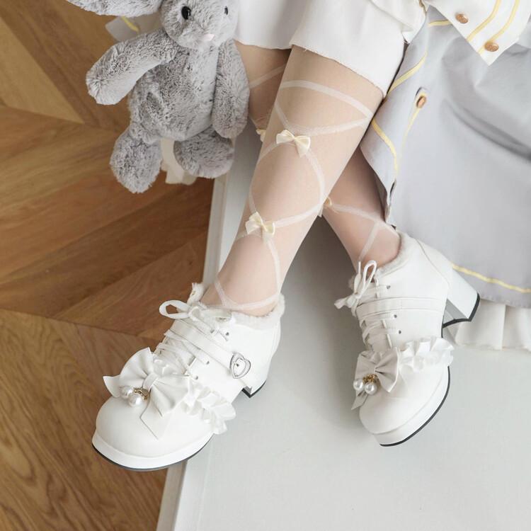Spring and Autumn New Children's Leather Shoes Solid Color Princess High Heels Bow Lace Lolita Lolita Girls Single Shoes