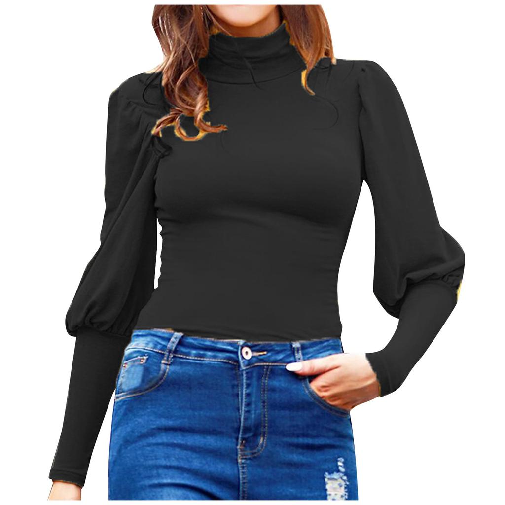 Women's Color Puff Sleeve Loose Cover Up Turtleneck Casual Blouse Tops
