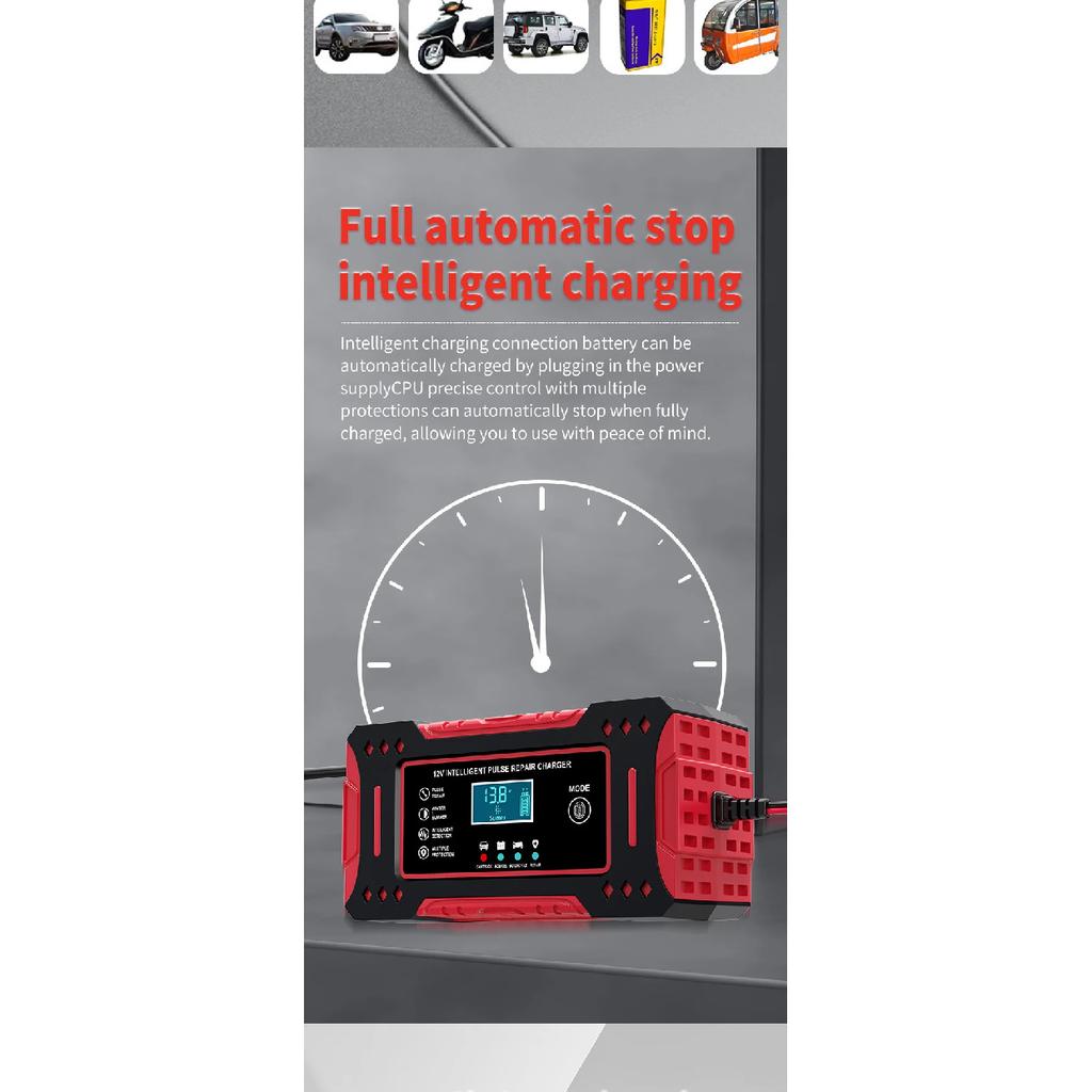 6A 12V Intelligent Car Battery Charger Car and Motorcycle Battery Charging Unit Lead-Acid Battery Repair LCD Display