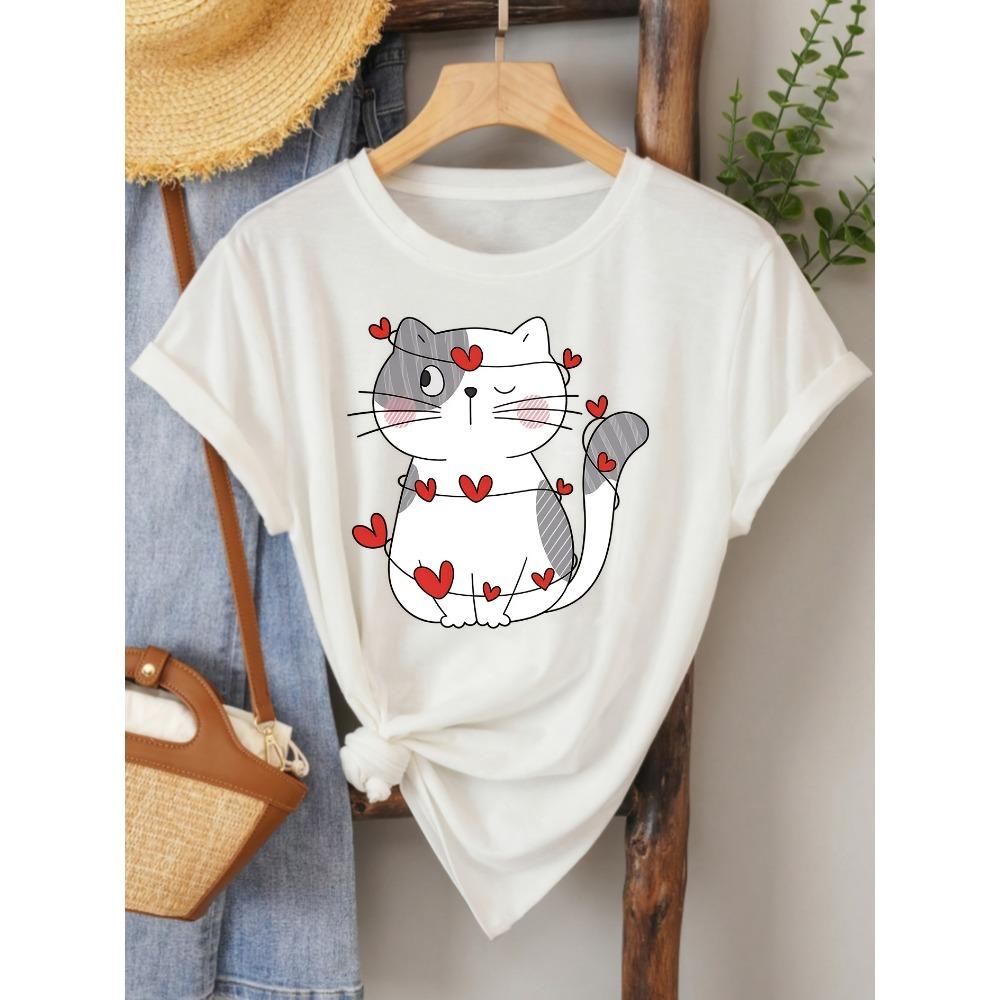 Women Cotton Short Sleeves T-shirts Heart Cat Women's Tee Cute Graphic Casual Beige Top