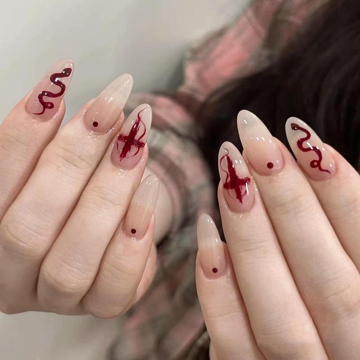 Almond-Shaped Cross Snake Pattern Nail Art Stickers - Wearable False Nails JP2857 [Glue Type]