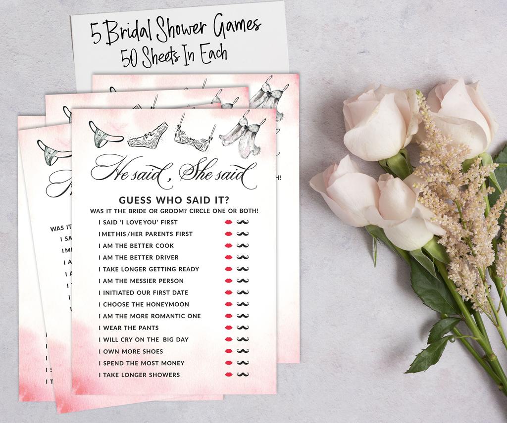 Inkdotpot Bridal Shower Games Set of 5 (Activities for 50 Guests) Lingerie Shower Theme Fun Bachelorette Party Games Set Bundle