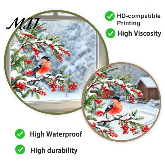 Non Adhesive Window Stickers Bullfinch And Red Berries Static Glass Sticker, Watercolor Winter Bird Decal, Decals Removable PVC Cling for Home