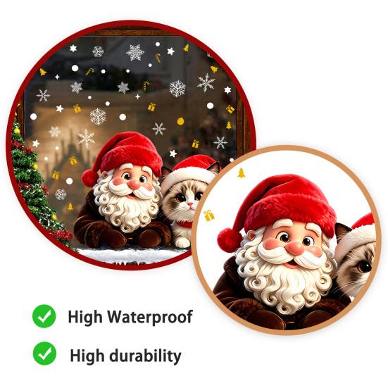 Reusable PVC Window Film Christmas Santa Claus & Cat Static Clings, Waterproof Glass Stickers, Holiday Stickers Decorative Decals for Home Doors Store