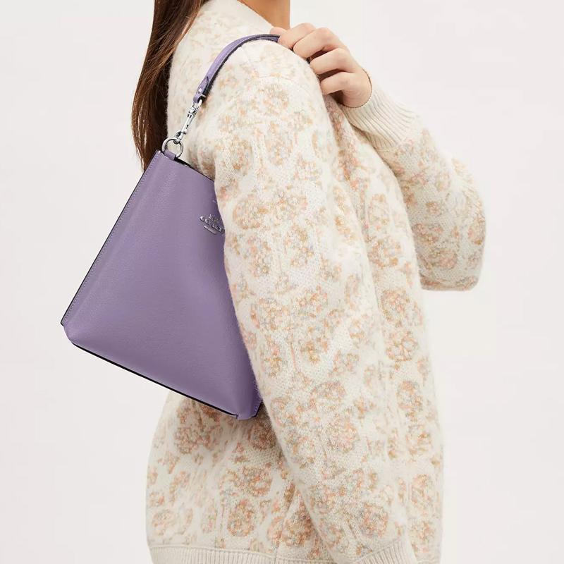Coach Mollie 22 Gold Logo Hardware Buckle Double-sided Leather Bucket Bag Hand Shoulder Crossbody Bag Small Size Women's Silver with Light Purple
