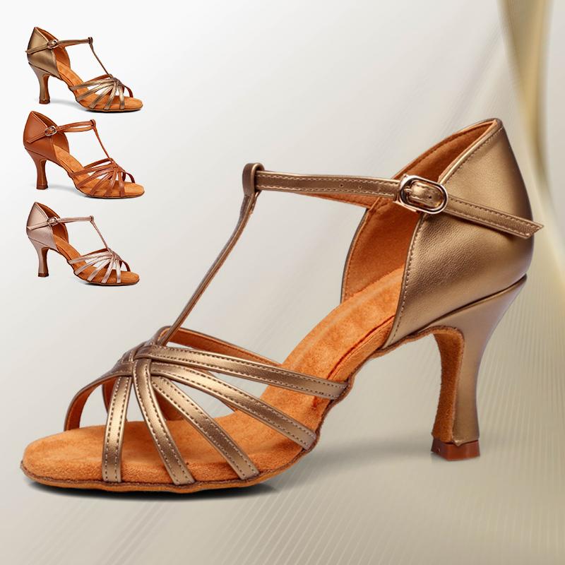 T-strap Latin Dance Shoes Women 7.5cm Leather Salsa Tango Ballroom Shoes Adult Soft Sole National Standard Dancing Shoes