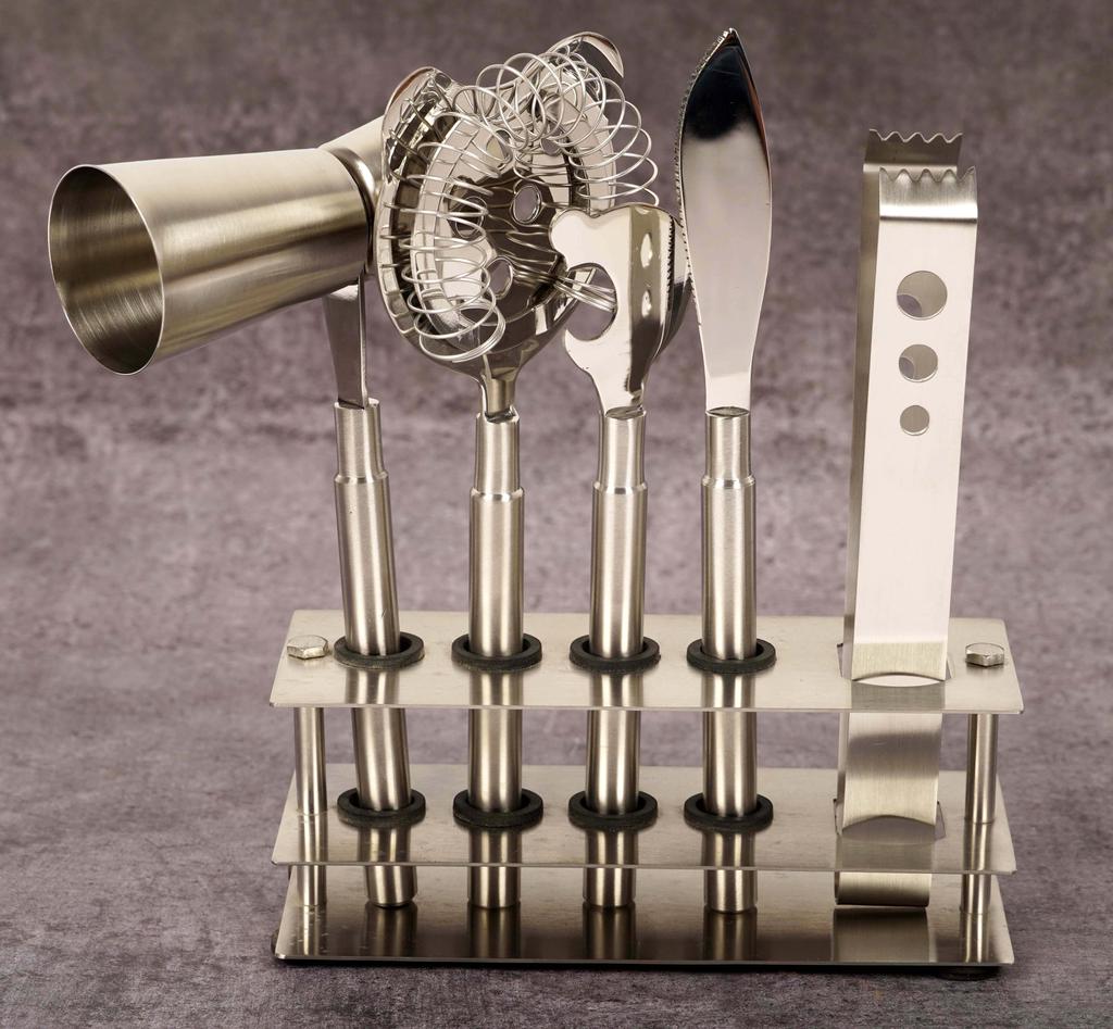 Trifri Sada barových nástrojů pro koktejlové barmany se stojanem, 5dílná barová sada z nerezové oceli pro domácí barmany, mixér na nápoje