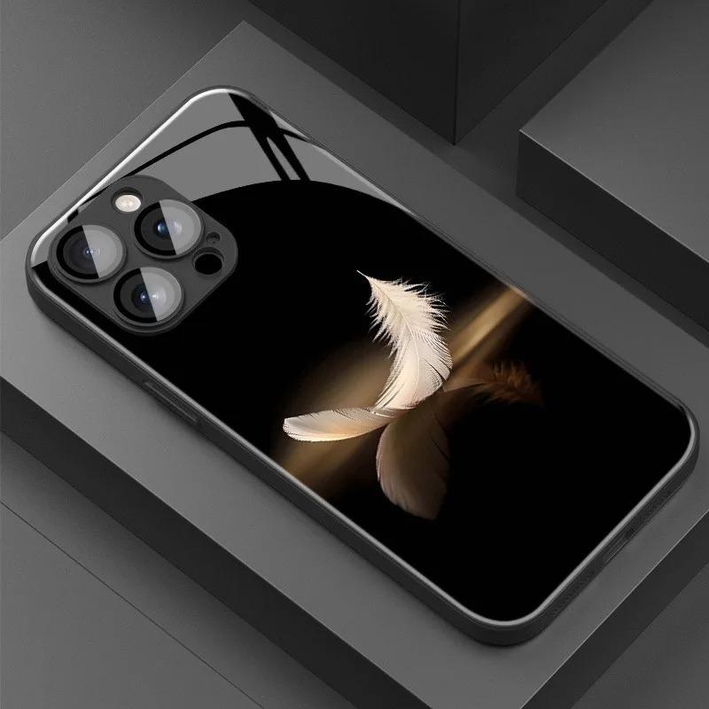 Concise White Feathers Tempered Glass Phone Case For Samsung Galaxy S26 Ultra S25 FE S24 S23 Plus FE 5G Lens Protection Cover