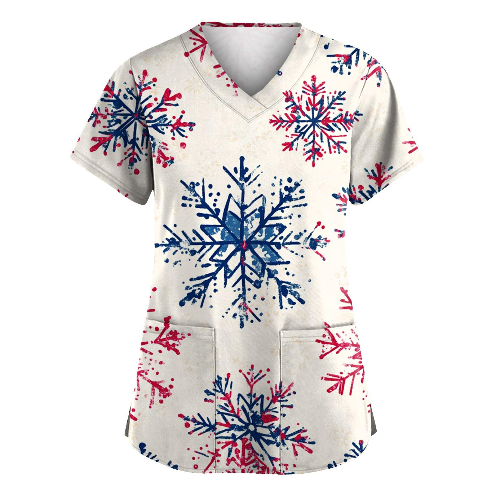 

Женская модная футболка с коротким рукавом и V-образным вырезом, карманом и рождественским принтом XL белый