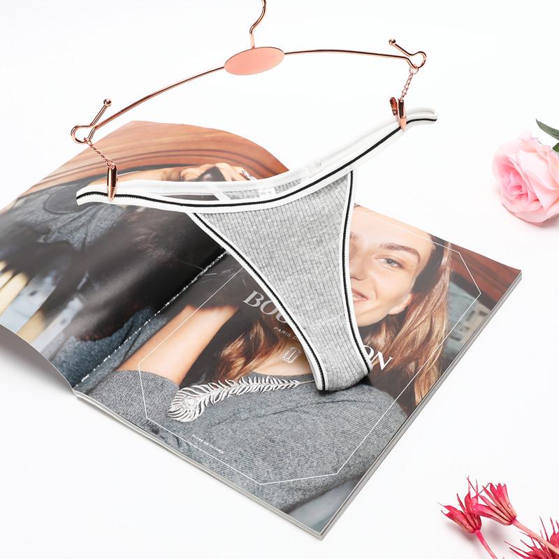 Solid Color Ribbed Cotton Women's Thong with Fine Straps and Hollowed Mid-Low Waist Design