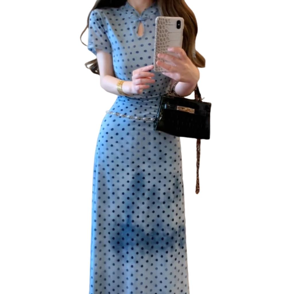 New Chinese style blue polka dot dress women's early summer hip-wrapped long dress early spring beautiful waist skirt
