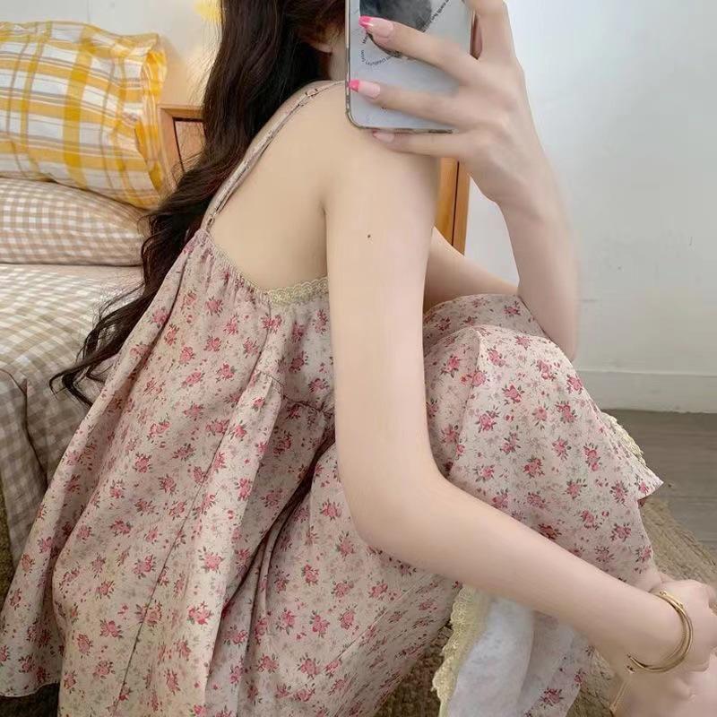 2023 Summer Women's Retro Floral Spaghetti Strap Long Pants Pajamas