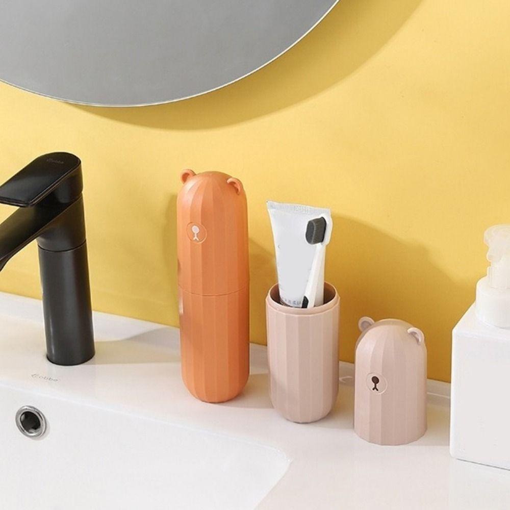 Plastic Travel Toothbrush Cup Large Capacity Waterproof Toothpaste Holder Dust-proof Cartoon Bear Toiletries Storage Cup Travel