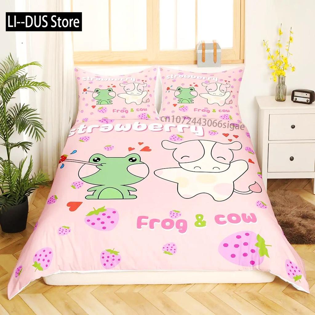 Frosch Bettbezug Set Niedlich Kawaii Cartoon Frosch Muster King Queen Größe Polyester Bettdeckenbezug Mit Kissenbezug Für Kinder Mädchen