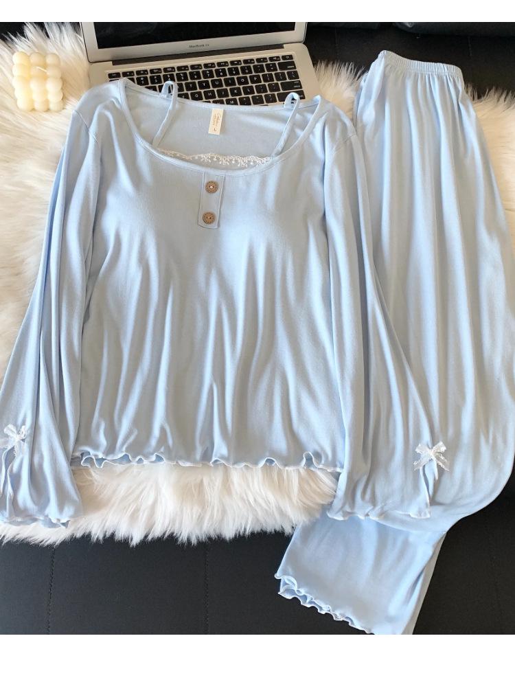 Modal Spring/Autumn Women's Pajama Set with Chest Pads, Lace Long Sleeve, Comfortable for Indoor/Outdoor Wear
