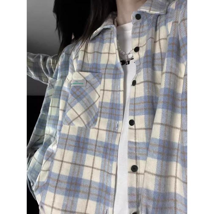 2025 Vintage Blue Long Sleeve Women's Cardigan Shirt for Spring and Autumn