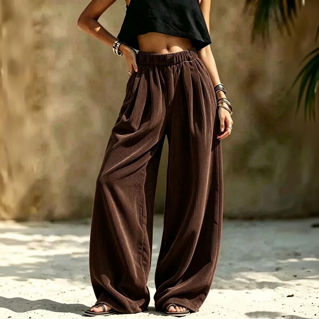 Women's Color Corduroy Pants Casual Loose Fit Elastic Waist Full Length Trousers with Pockets