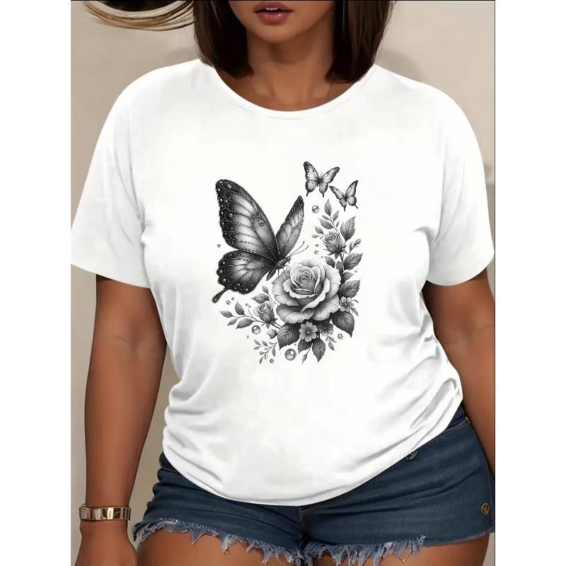 

European Size Art Butterfly and Rose Flower Printed Short-sleeved T-shirt, Made of Soft and Breathable Polyester Fiber with Moderate Elasticity 4XL