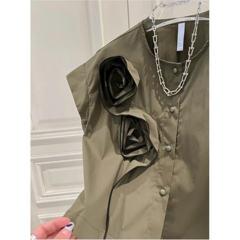 Women's Summer Design Flowers Round Neck Shirt Solid Color Loose Simple Temperament Tops