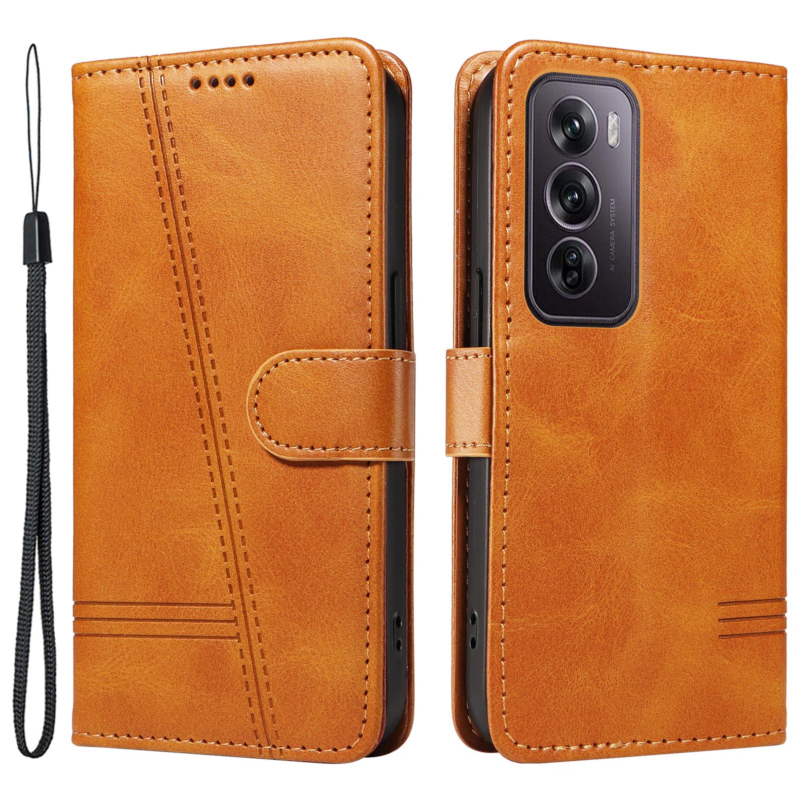 

For Oppo Reno12 Pro 5G (China)/Reno12 Pro 5G (Global) PU Leather Flip Phone Cover Wallet Imprinted Line Case with Wrist Strap Yellow