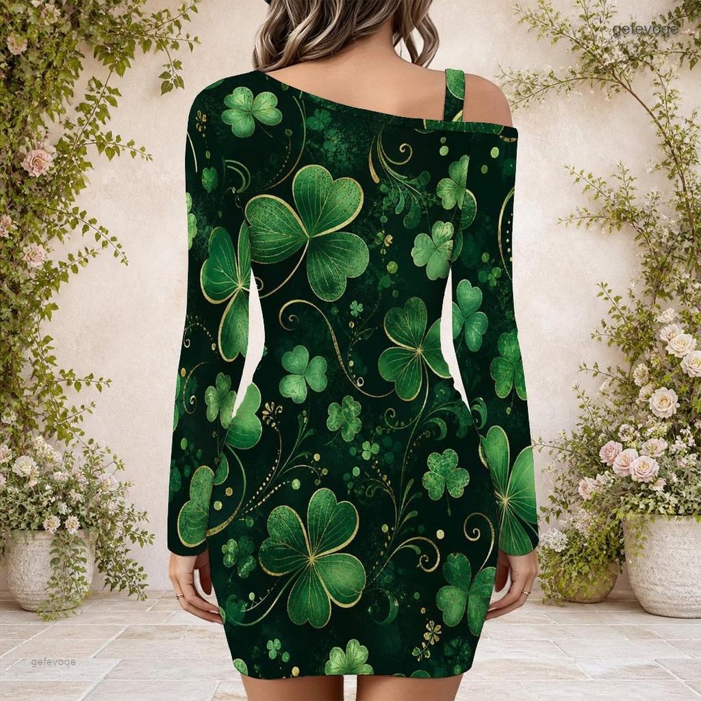 Women Plus Size One Shoulder Long Sleeve Printed Bodycon Mini Dress