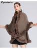 Women's Oversized Knit Poncho with Rabbit Fur Collar with Sherpa Lining for Fall Winter