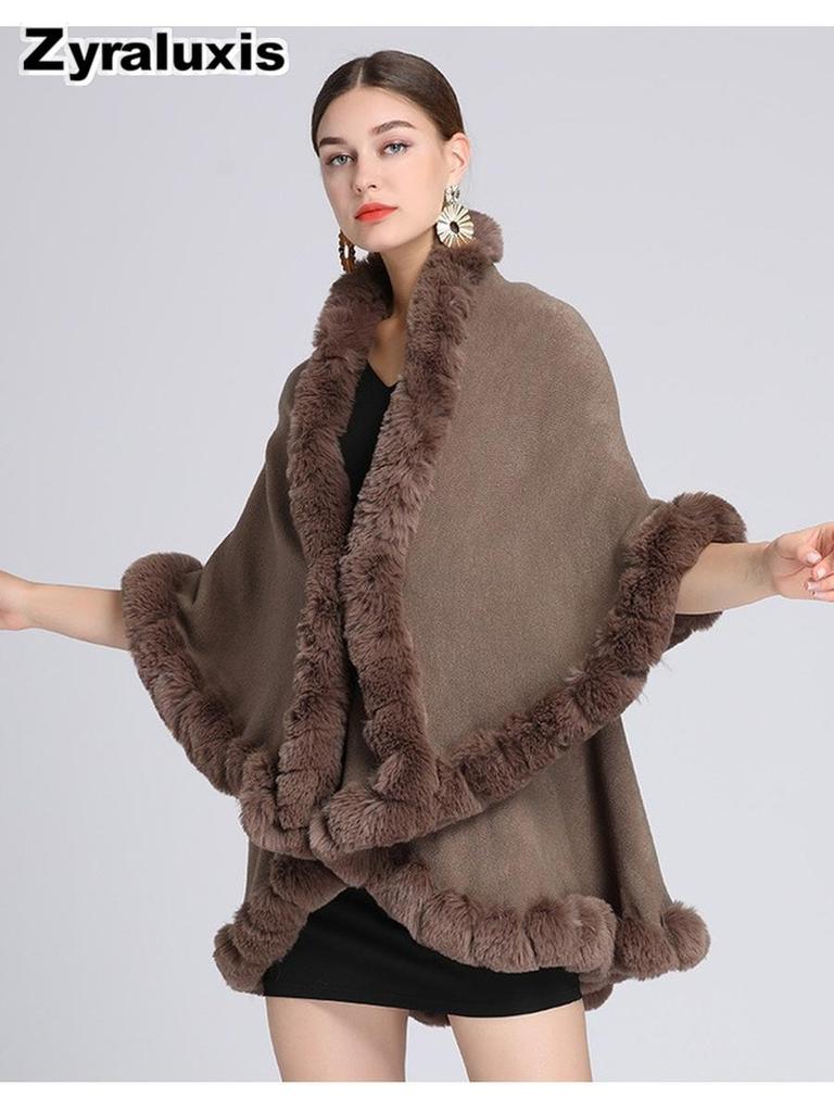 Women's Oversized Knit Poncho with Rabbit Fur Collar with Sherpa Lining for Fall Winter