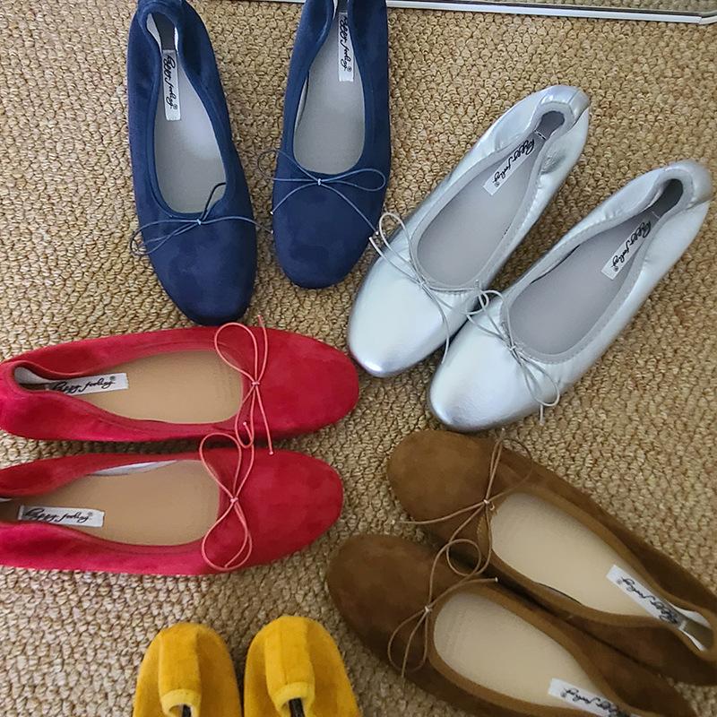 Ballet bow light mouth red single shoes women's new retro Doudou shoes flat women's retro suede grandma shoes