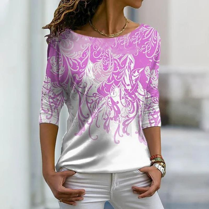 Autumn versatile long sleeved women's T-shirt with floral pattern printed regular retro casual O-Neck Bohemian multi-color top