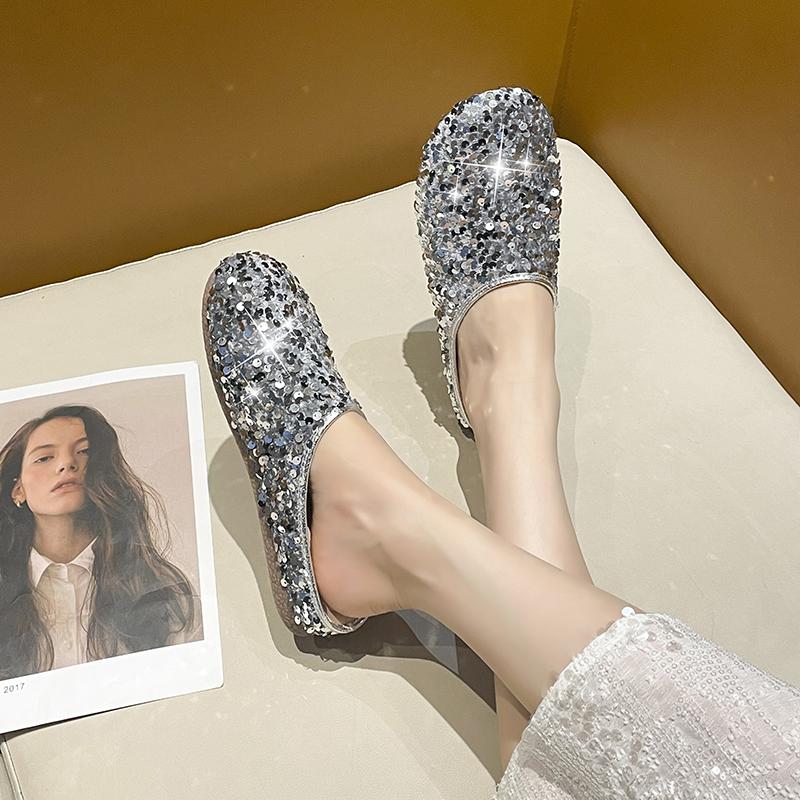 Fashion Sequined Toe Half-slipper Women's Outerwear 2025 Autumn French Style with Skirt Flat Lazy Large-sized Flip-flops