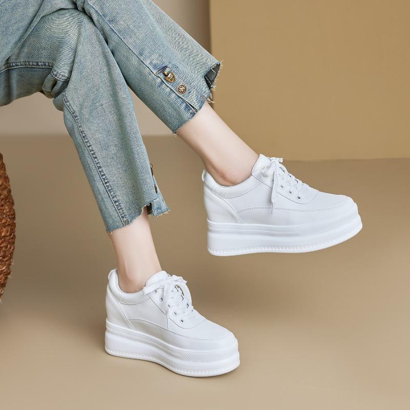 Spring and Summer New Inner Height Increase Small White Shoes Women's Cowhide Thick-soled Slope Heel Walking Casual Shoes Genuine Leather