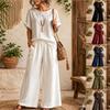 Women's Round Neck Short Sleeve Side Button Loose Linen Blend Top Elastic Waist Wide Leg Pants 2 Piece Outfit Casual Daily Summer Loungewear Pant Set