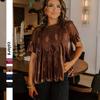 Women European Style Loose Embroidered Puff Short Sleeve Lace Patchwork Velvet Blouse
