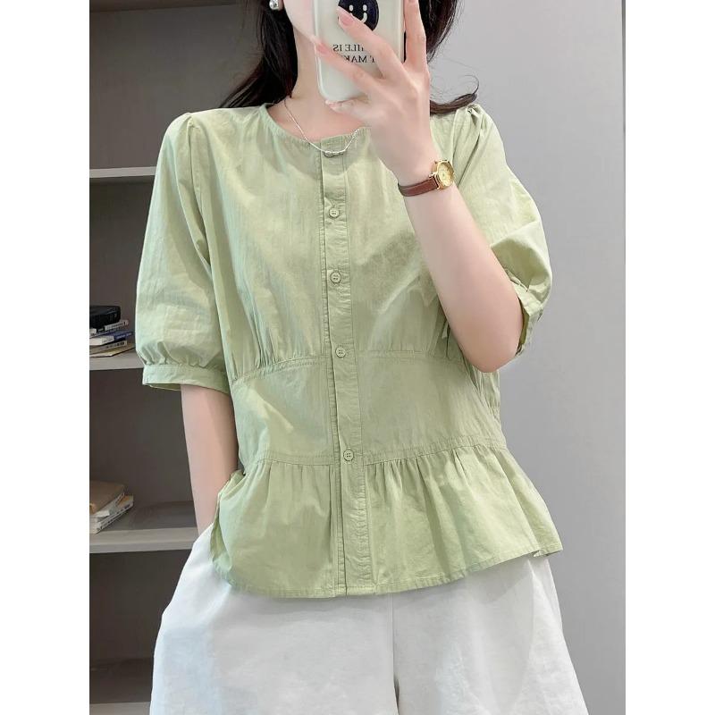 

Women s Summer Light Green Round Neck Puff Sleeve Ruffle Hem Blouse M зелёный