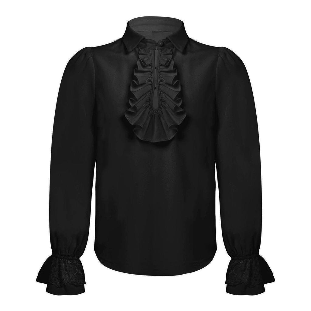Boys Renaissance Shirt Long Sleeve Turndown Collar Ruffle Lace Cuffs Button Front Solid Color Costume Top for Historical Events
