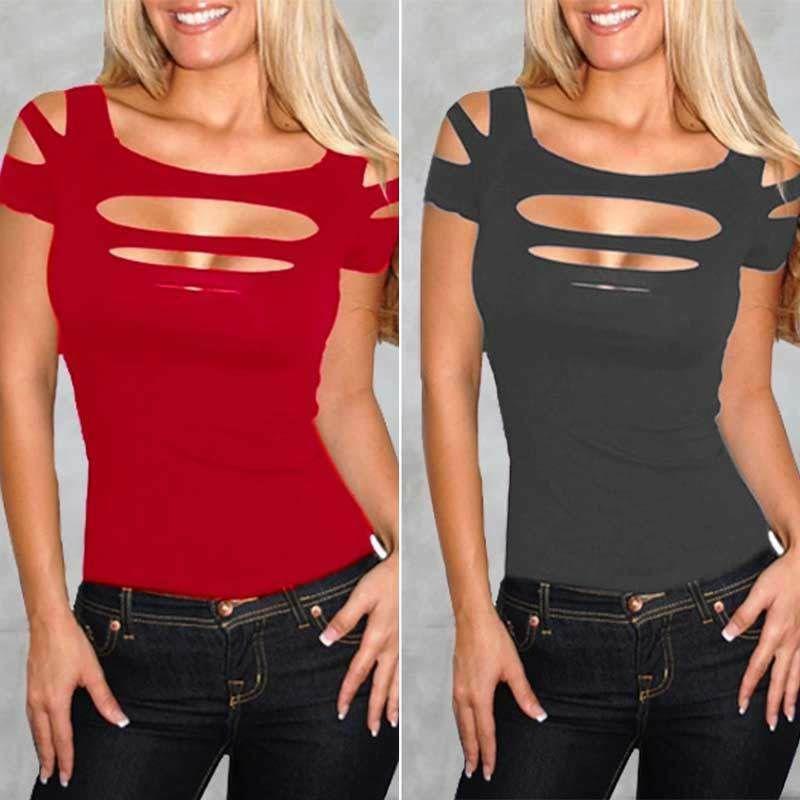 Premium Qualität Sommer Damen T-Shirt Kurzarm Broken Style Stretch Bluse für Nachtclub