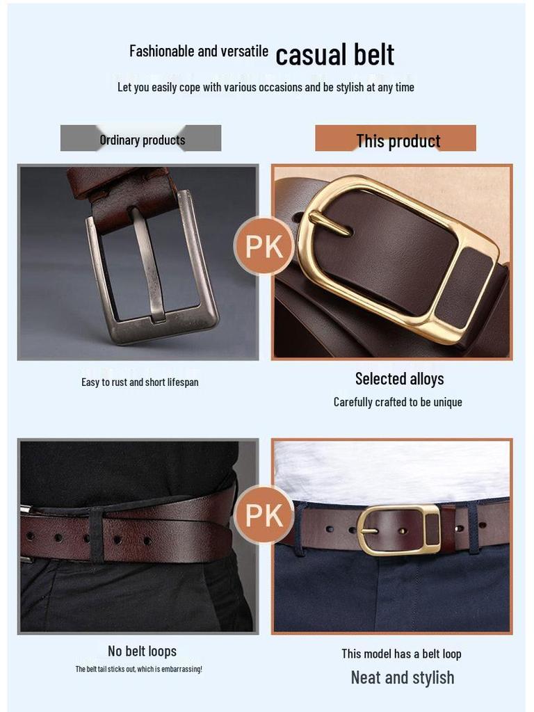 Men's Retro Genuine Leather Belt - Pin Buckle Cowhide Waist Belt for Business and Casual Wear, Suitable for Middle-Aged and Young Men.