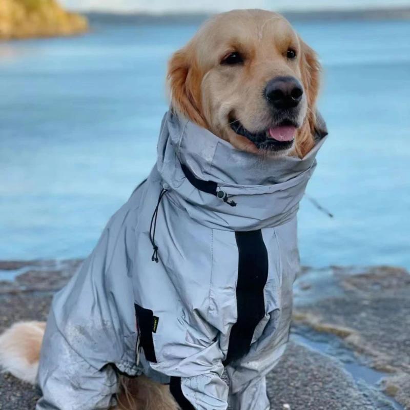 

Outdoor Waterproof Pet Dog Raincoat Poncho High Collar Reflective Labrador Golden Retriever Corgi Medium and Large Dog Clothing 2XL(12.5-17.5KG) серебряный серый