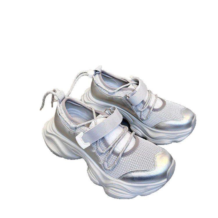 European version thick-soled heightened silver high-end dad shoes for women 2025 summer breathable hollow sports mesh sandals