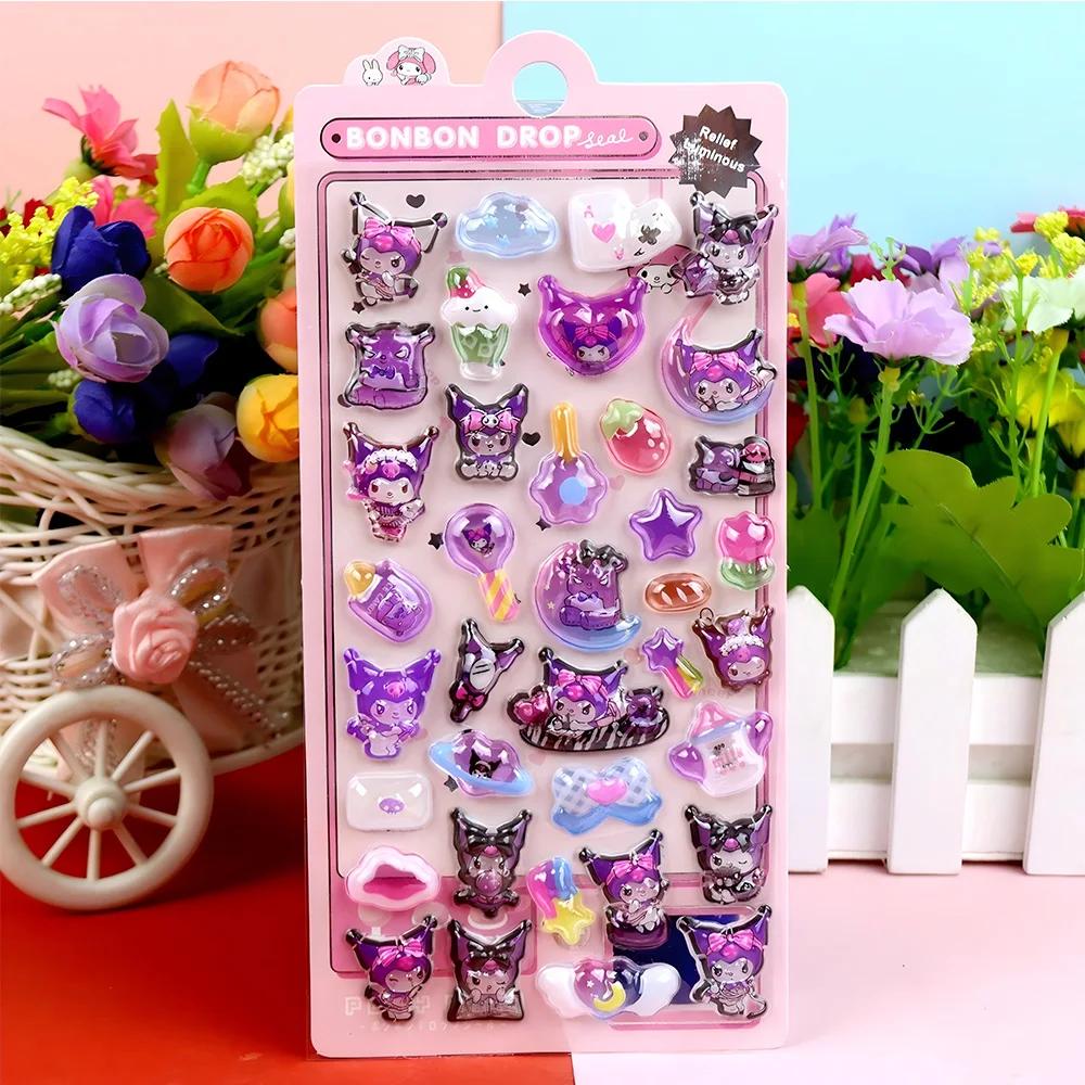 Cute Sanrio 3D Relief Stickers Kawaii Girls Kuromi Cinnamoroll My Melody Crystal Decals Decoration Sticker Packs