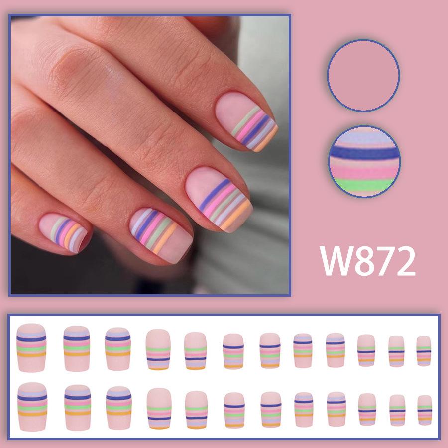 Vibrant Childlike Frosted Rainbow Striped Press-On Nails - Summer European & American Style